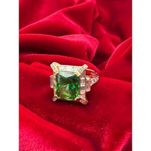 Green Emerald Cut Statement Ring 925 Sterling Silver Gold Vermeil Size 6